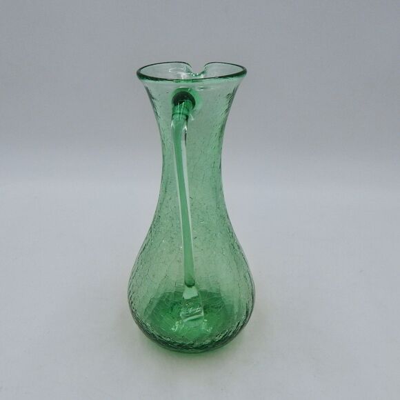 Crackle Glass Mini Pitcher Cruet Hand Blown 7 Inch Green Applied Handle - Picture 4 of 9